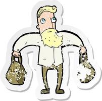 Retro-Distressed-Aufkleber eines Cartoon-Hipster-Mannes, der Taschen trägt vektor