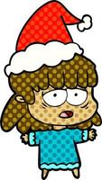 Comic-Stil-Illustration einer müden Frau mit Weihnachtsmütze vektor