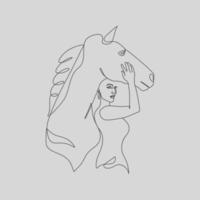 Schönheitsfrau mit Pferdelinie Kunstmädchen und Pferdeliebesstrichzeichnungsvektor der abstrakten Kunst vektor