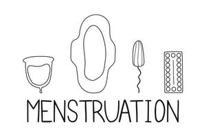 menstruation Ikonuppsättning. menskopp, tampong, dyna, p-piller. kvinnliga hygienprodukter. vektor
