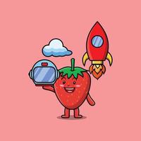 söt tecknad jordgubbe som astronaut med raket vektor