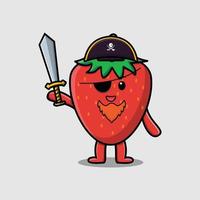 söt tecknad jordgubbe pirat håller svärd vektor