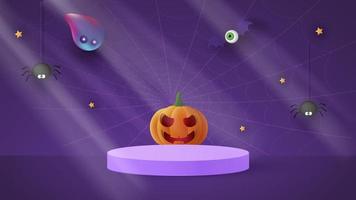 Fröhlicher Halloween-Banner oder Party-Einladungshintergrund mit Gespenst und lustigen Kürbissen, Vektorgrafik. Vollmond am Himmel, Mondlicht vektor