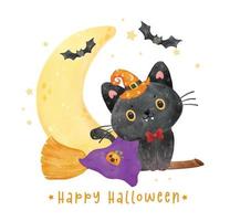 niedliches freches lächeln halloween schwarze katze trägt hexenhut auf fliegendem besen passieren mondphase und fledermäuse aquarellillustrationsvektor vektor