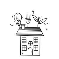 handritad doodle hus med elektrisk glödlampa och växtsymbol för eco living illustration vektor