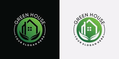 grünes Haus-Logo-Symbol mit negativem Raumkonzept und Blattelement vektor