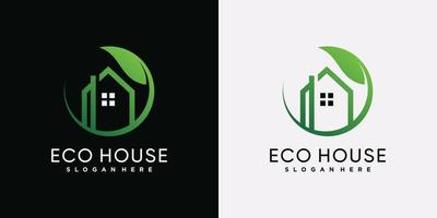 eco house logotyp ikon mall med gröna blad och kreativa element vektor