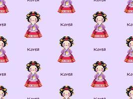 Hanbok Zeichentrickfigur nahtloses Muster auf lila Hintergrund. Pixel-Stil vektor