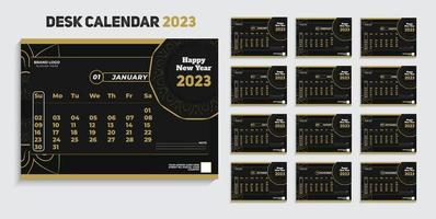 eleganter Tischkalenderplaner 2023 in dunklem Schwarzgold Designvorlage kostenloser Download vektor