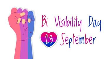 Konzeptvektor für den Tag der Bisexualität. Hand ist in bisexuellen Stolzfarben bemalt. Herz mit rosa Streifen und 23. September steht geschrieben. bi sichtbarkeitstag illustration vektor