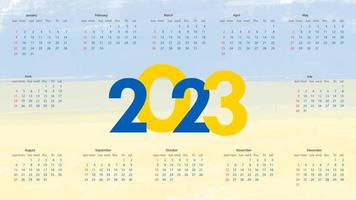 den sista illustrationen av kalenderåret 2023. veckan börjar på söndag. årlig kalendermall 2023. kalenderdesign i gula och blå toner. vektor illustration
