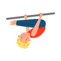 Kinder Sportgymnastik. Der Junge hängt in der Beugeposition an der Latte. Akrobatik auf einem Sportgerät. vektor