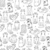Nahtloses Muster mit Katzen im Doodle-Stil. hand gezeichnete vektorillustration auf weißem hintergrund. ideal für Stoffe, Tapeten, Geschenkpapier, Malbücher. schwarzer Umriss.