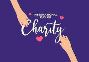 internationella dagen för välgörenhet banner affisch den 5 september med två händer och kärlek symbol på lila bakgrund vektor