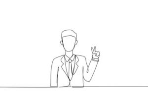 karikatur des professionellen gestikulierens des friedens, der mit beiden händen siegeszeichen zeigt. Kunststil mit durchgehender Linie vektor