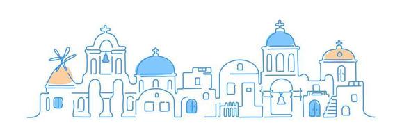ön santorini, Grekland. traditionell vit arkitektur och grekisk-ortodoxa kyrkor med blå kupoler och en väderkvarn. vektor linjär illustration.