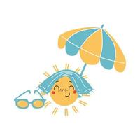 glad sol karaktär kyler under parasoll. vektor