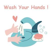 Waschen Sie Ihre Hände Poster für Kinder. Vektorkarte. vektor
