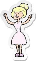 Retro-Distressed-Aufkleber einer Cartoon-Frau mit erhobenen Armen vektor