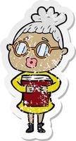 Distressed-Sticker einer Cartoon-Frau mit Buch und Brille vektor