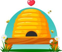 runder Cartoon-Bienenstock mit Gänseblümchen auf blauem Hintergrund. schöner Bienenstock mit Bienen und Herz. für Bienenliebhaber, Honig mit Liebe vektor