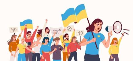 en skara människor på ett rally med ukrainska flaggan och affischer. människor protesterar mot kriget i ukraina. rally till stöd för Ukraina. vektor illustration