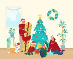 familie mit kindern und hund öffnet weihnachtsgeschenke in der nähe des weihnachtsbaums zu hause. flache vektorillustration.