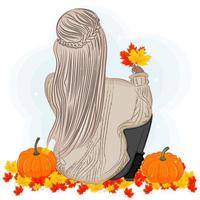 höst, blond flicka håller löv, rygg, pumpor, vektor illustration, print