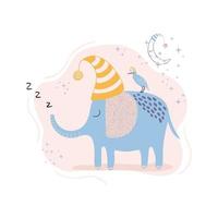affisch med söt sovande elefant, fågel och måne. handritad vektor karaktär i enkel skandinavisk stil. dröm sött. idealisk barndesign, för tyg, textil, babybok, dekoration av barnkammare.