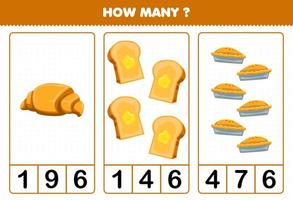 Bildungsspiel für Kinder, die zählen, wie viele Cartoon-Lebensmittel-Croissant-Toastkuchen vektor