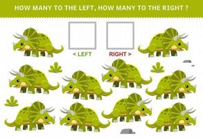 Lernspiel für Kinder zum Zählen des linken und rechten Bildes mit niedlichen Cartoon-Prähistorischen Dinosaurier-Triceratops vektor