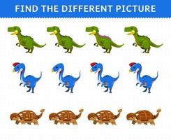 utbildning spel för barn hitta olika bild i varje rad tecknad förhistorisk dinosaurie yangchuanosaurus oviraptor ankylosaurus vektor