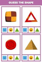 Bildungsspiel für Kinder errate die Form geometrische Figuren und Objekte quadratisch Keks Kreis Knopf Dreieck Notfallzeichen Pyramide Arbeitsblatt vektor