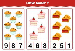 Bildungsspiel für Kinder, die zählen, wie viele Cartoon-Lebensmittel-Muffin-Kuchen-Torte vektor