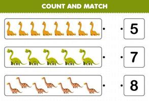 utbildningsspel för barn räkna och matcha räkna antalet tecknade förhistoriska långhalsade dinosaurier och matcha med rätt siffror utskrivbart kalkylblad vektor