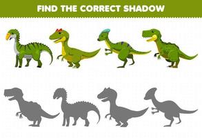 utbildningsspel för barn hitta rätt skugguppsättning av söt tecknad förhistorisk grön dinosaurie vektor