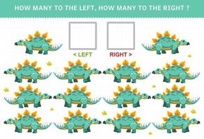 Lernspiel für Kinder zum Zählen des linken und rechten Bildes mit dem prähistorischen Dinosaurier Stegosaurus aus niedlichem Cartoon vektor