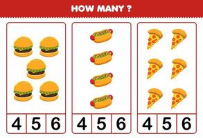 Bildungsspiel für Kinder, die zählen, wie viele Cartoon-Food-Burger-Hotdog-Pizza vektor