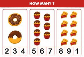 Bildungsspiel für Kinder, die zählen, wie viele Cartoon-Lebensmittel-Donut-Cupcake-Torte vektor