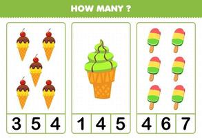 Bildungsspiel für Kinder, die zählen, wie viele Cartoon-Eiscreme-Eis am Stiel vektor