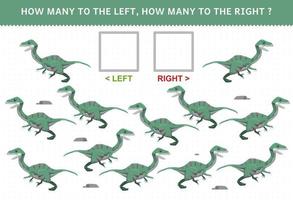 Lernspiel für Kinder zum Zählen des linken und rechten Bildes mit prähistorischem Dinosaurier-Velociraptor aus niedlichem Cartoon vektor