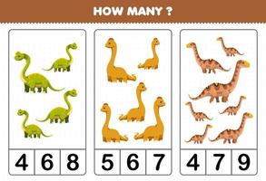 Bildungsspiel für Kinder, die zählen, wie viele niedliche Cartoon-prähistorische Langhals-Dinosaurier vektor