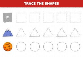 utbildningsspel för barn spåra formerna fyrkantig kassaskåp triangel berg cirkel basket utskrivbart kalkylblad vektor