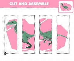 utbildningsspel för barn att skära och sätta ihop pussel med tecknad förhistorisk dinosaurie velociraptor vektor