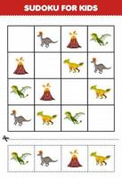 Lernspiel für Kinder Sudoku für Kinder mit prähistorischem Dinosaurier-Lambeosaurus-Dimorphodon-Vulkan-Leptoceratops-Bild vektor