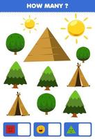 utbildningsspel för barn som söker och räknar hur många föremål som geometrisk form fyrkantig cirkel triangel tecknad tält pyramidträd sol vektor