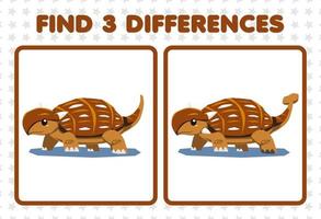 Lernspiel für Kinder Finden Sie drei Unterschiede zwischen zwei niedlichen prähistorischen Dinosauriern Anylosaurus vektor