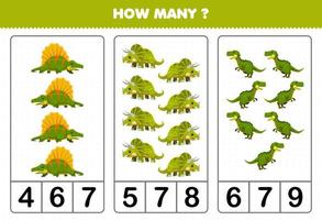 Bildungsspiel für Kinder, die zählen, wie viele prähistorische grüne Dinosaurier der niedlichen Karikatur vektor