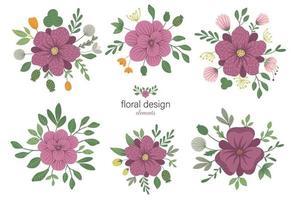 satz von vektor floralen runden dekorativen elementen. flache trendige illustration mit blumen, blättern, zweigen. wiese, wald, wald-clipart-sammlung. schöner Frühlings- oder Sommerstrauß