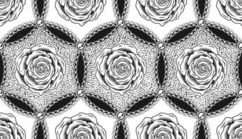 Nahtloses sechseckiges Schwarz-Weiß-Muster mit Ketten, Perlen, Konturrosen, sich schneidenden Kreisen. klassischer geometrischer Vintage-Hintergrund. Vektor-Illustration vektor